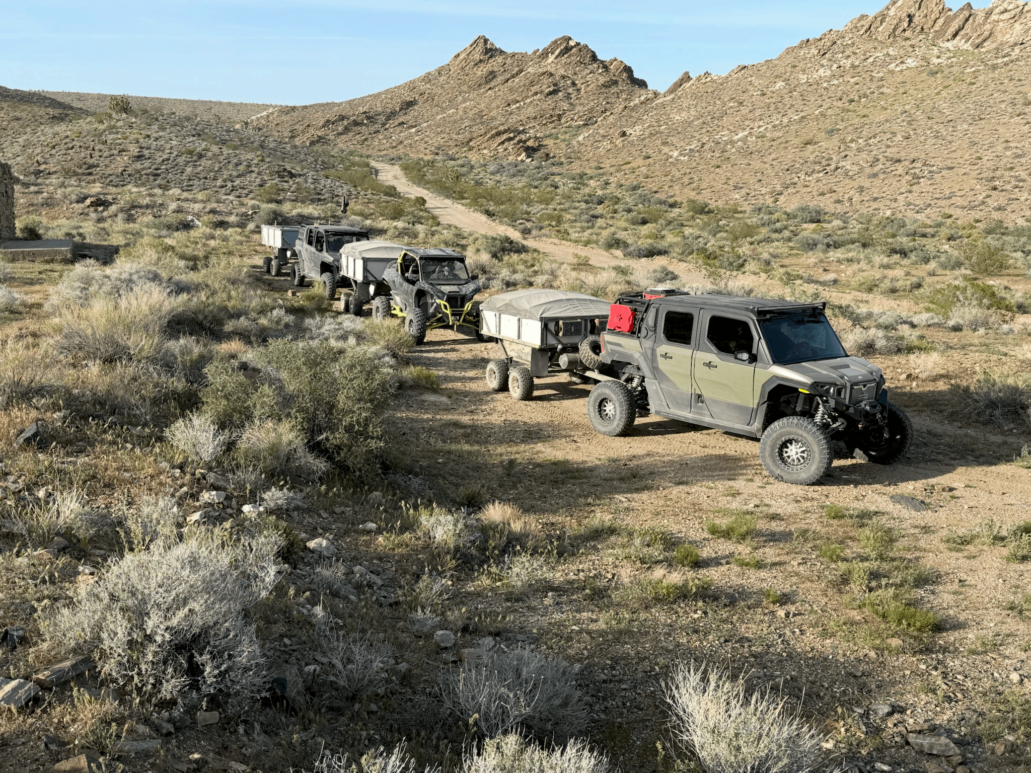 HighCountry Unlimited trailers and UTV convoy on a desert two-track